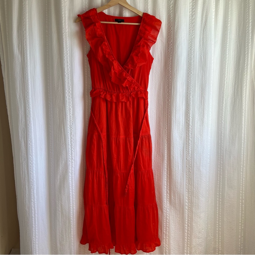 J.Crew Sleeveless Ruffle Tiered With Tie Maxi Dress Women  Size‎ 4 Orange *Flaw*